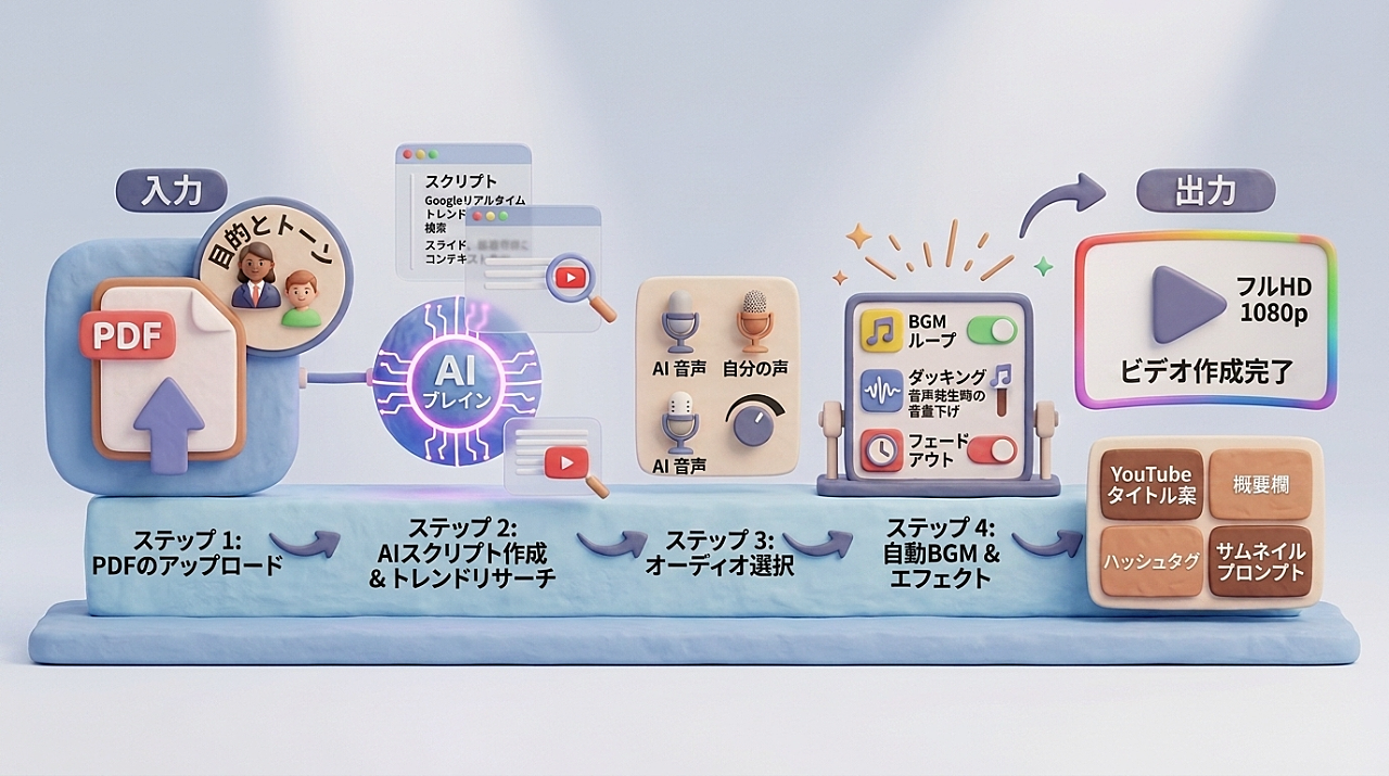 Slidecaster V10 STEP1からSTEP5までの利用フロー図
